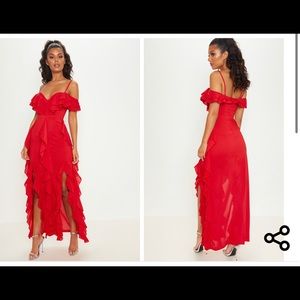 Red Cold Shoulder Ruffle Detail Maxi Dress
